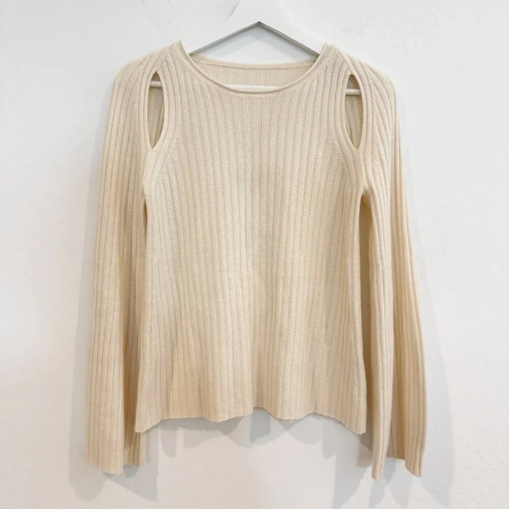 Vince 100% Cashmere Shoulder Slit Ribbed Knit Flare Sleeve Sweater Boho Cream XS